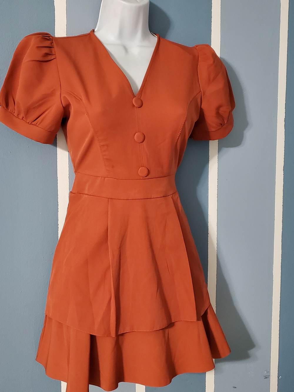 Phut Lo Suit Rust Orange Puff-Sleeve Tiered Mini Dress With Built In Shorts